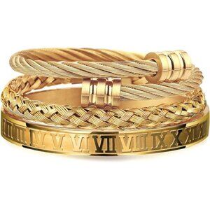 3PCS Stainless Steel Bracelets Gold Roman Numeral Bangle Bracelet